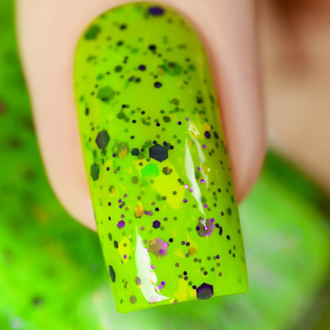 Dapper but no Dan by Cadillacquer, macro close-up of dark purple and black hex glitter in varying sizes with gold-to-orange iridescent flakes on a neon lime green jelly base