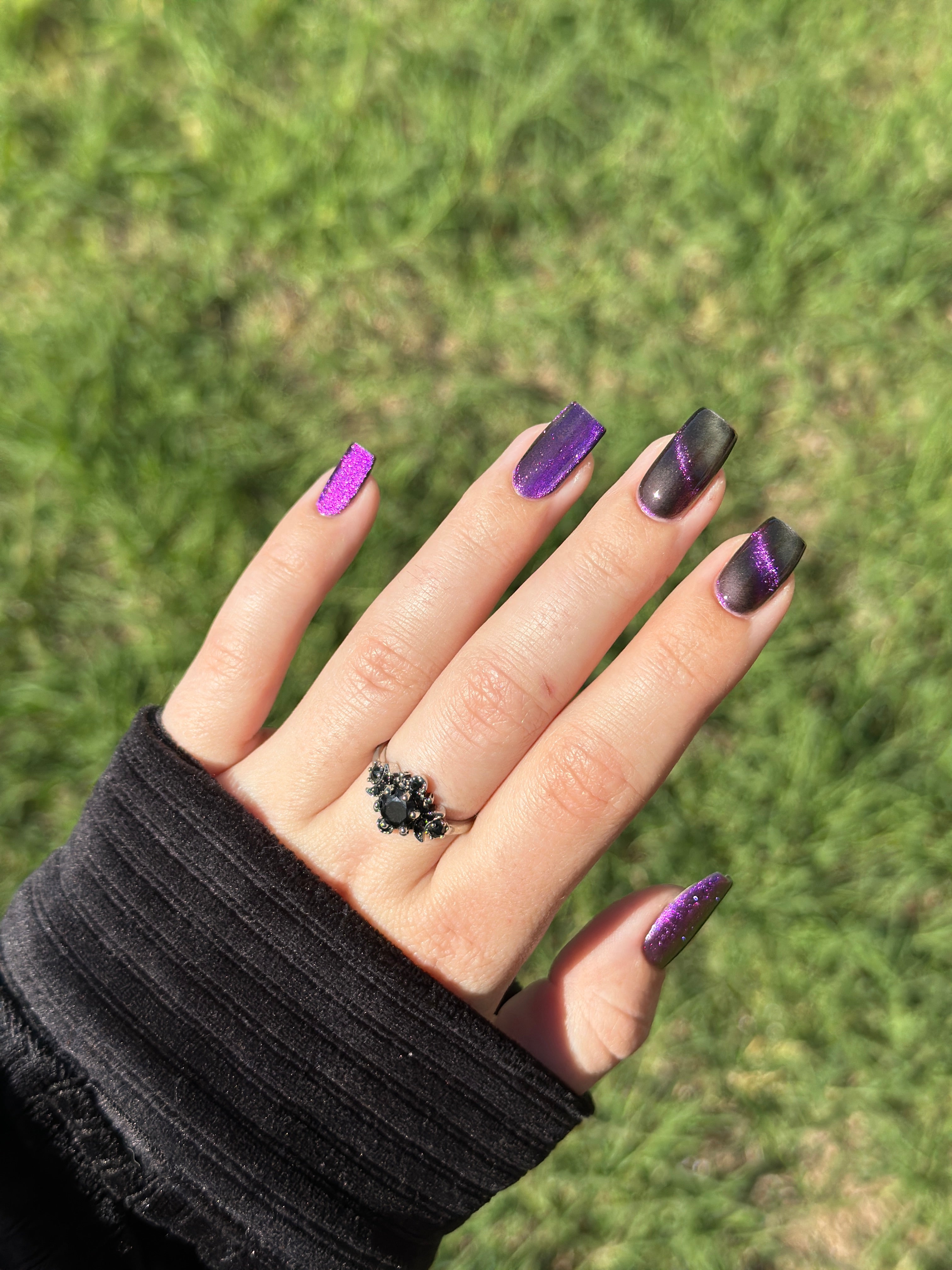 Habibi by Glitch Lacquer, dark purple-pink-gold magnetic swatch on light-medium skin, coffin nails