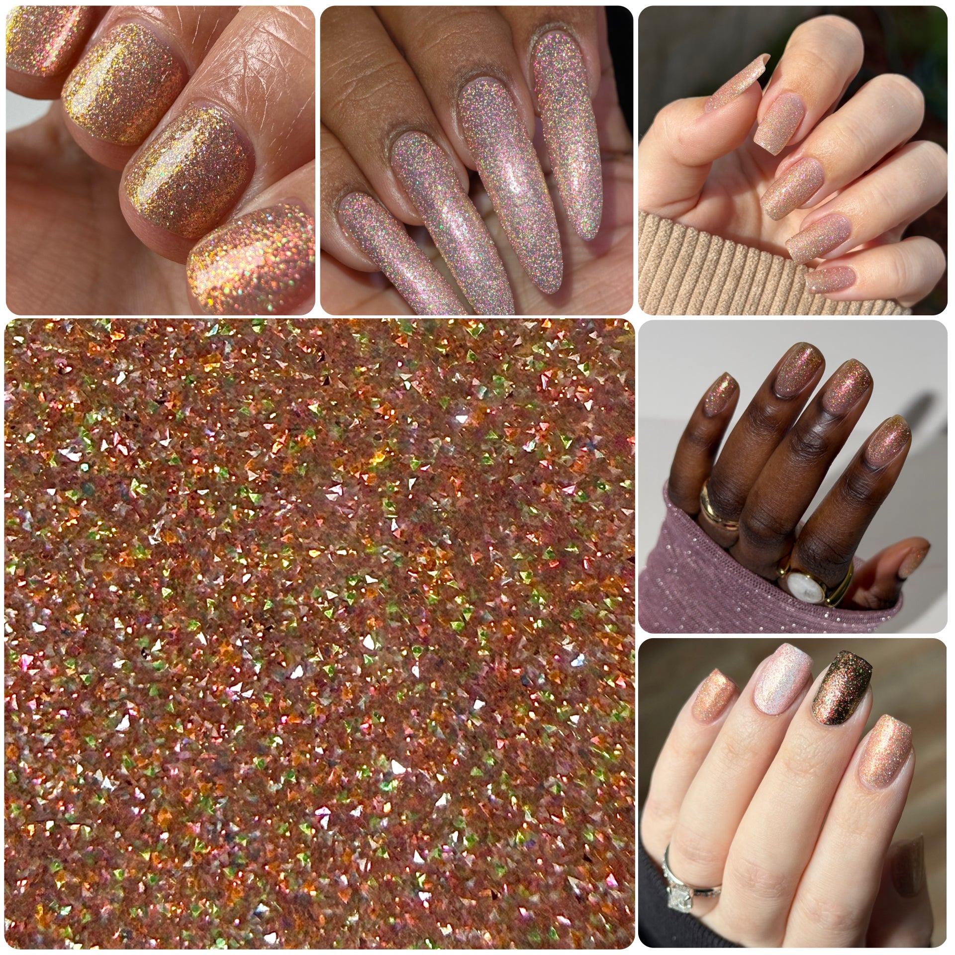 Resistance by Glitch Lacquer, sheer white with reflective glitter across multiple skin tones