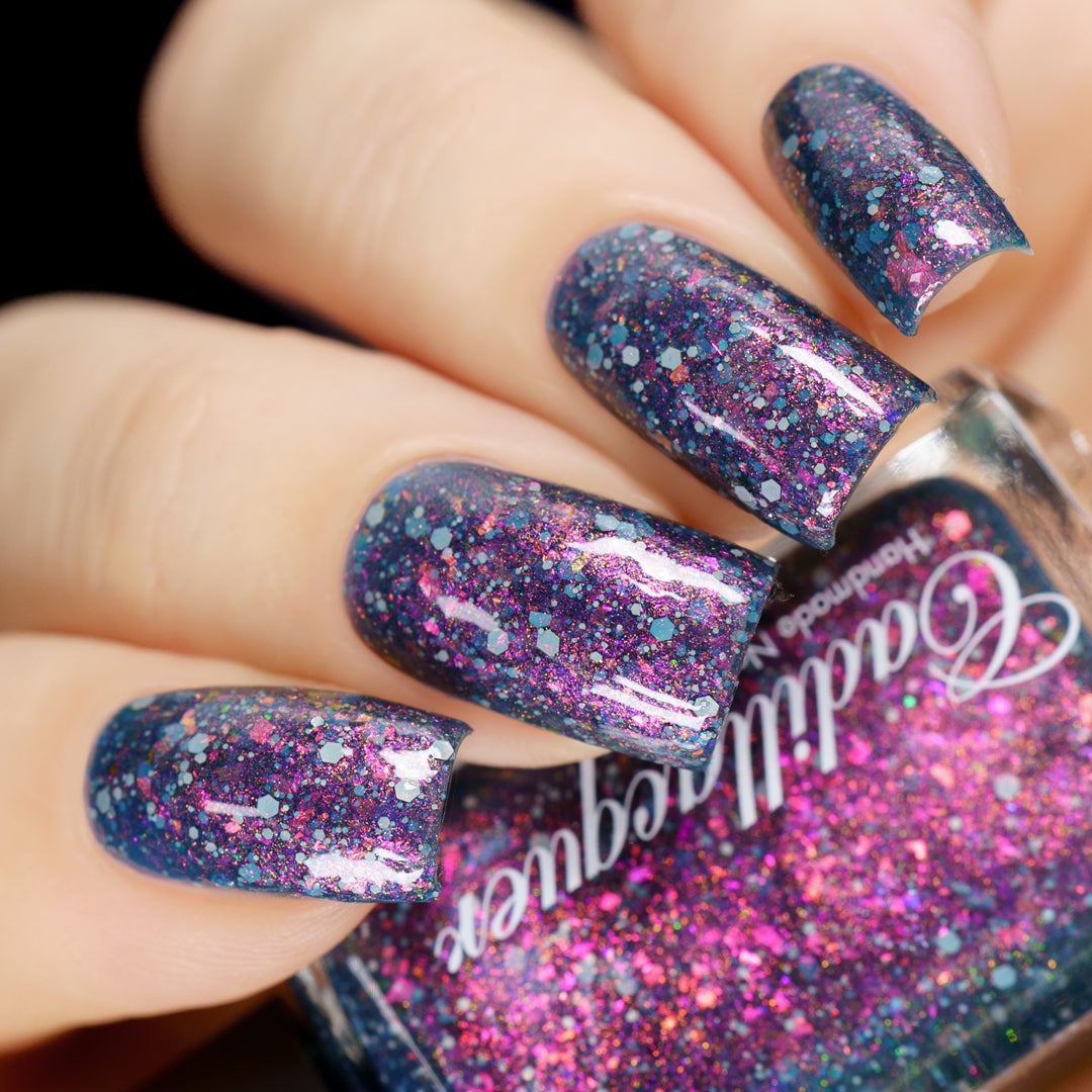 I Don't Belong To You by Cadillacquer swatched, dark blue jelly with sunset shimmer