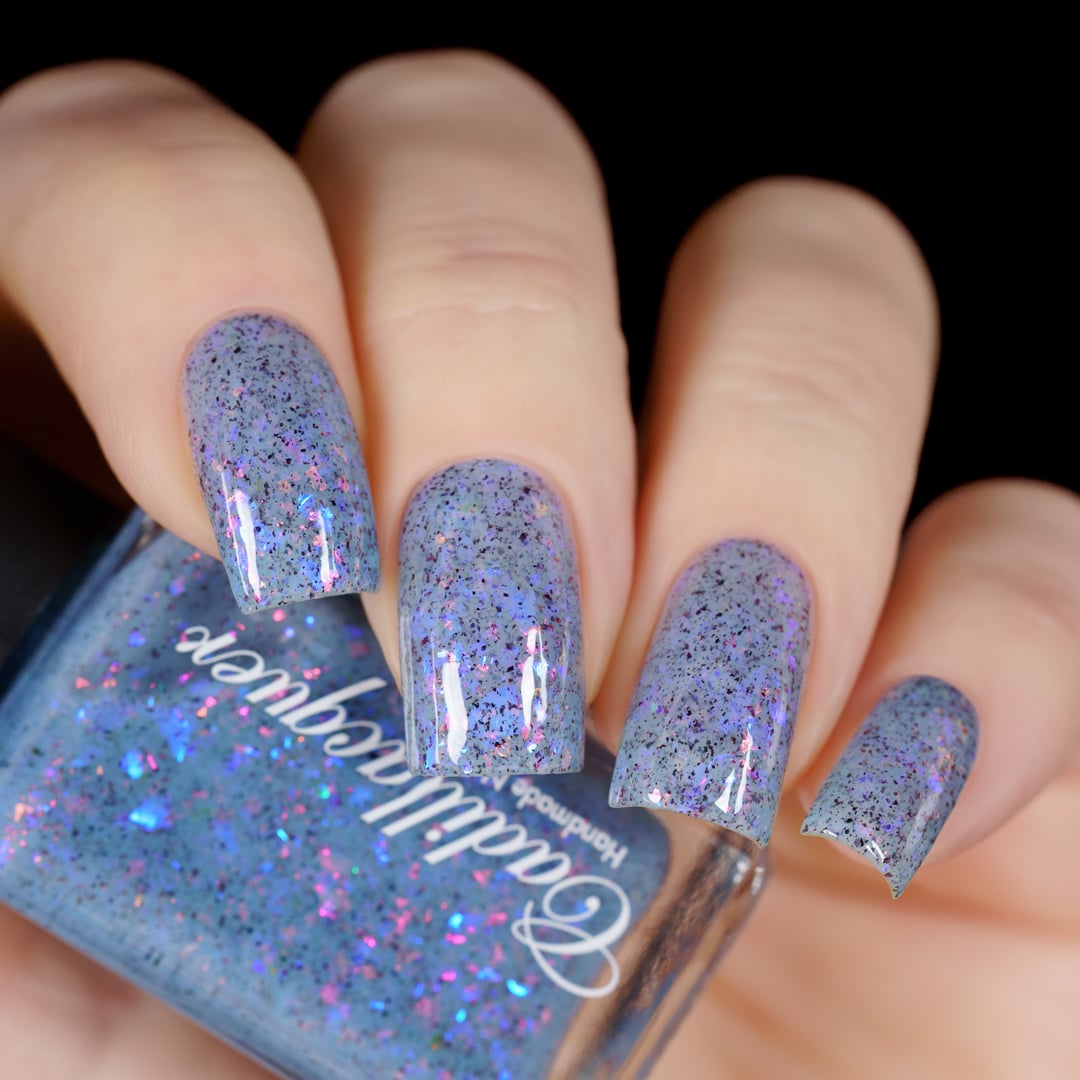 Cadillacquer Just Breathe pastel blue iridescent crelly nail polish, swatched on four nails, light skin, studio lighting, by @yyulia_m