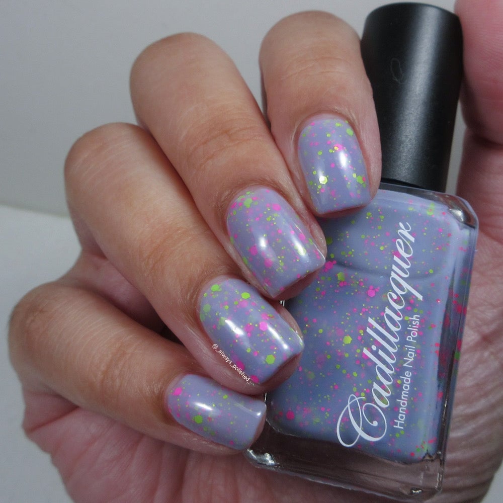 Cadillacquer Magical Creatures lilac glitter crelly nail polish swatched on nails