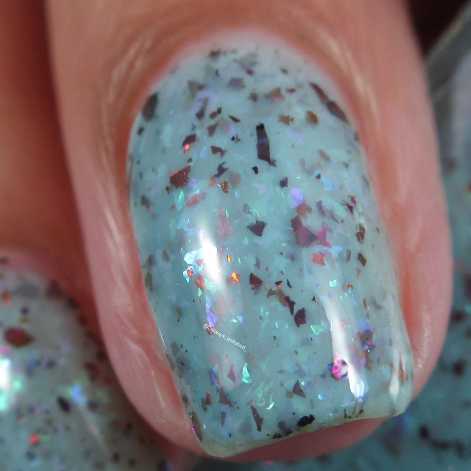 Cadillacquer Pastel Thoughts pastel teal purple chameleon iridescent crelly nail polish, macro single-nail swatch, light skin, indoor warm lighting