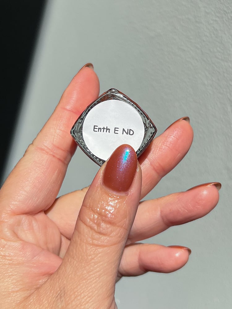 Enth E ND by Danglefoot Nail Polish, blue-brown shimmer on a light-medium skin tone hand