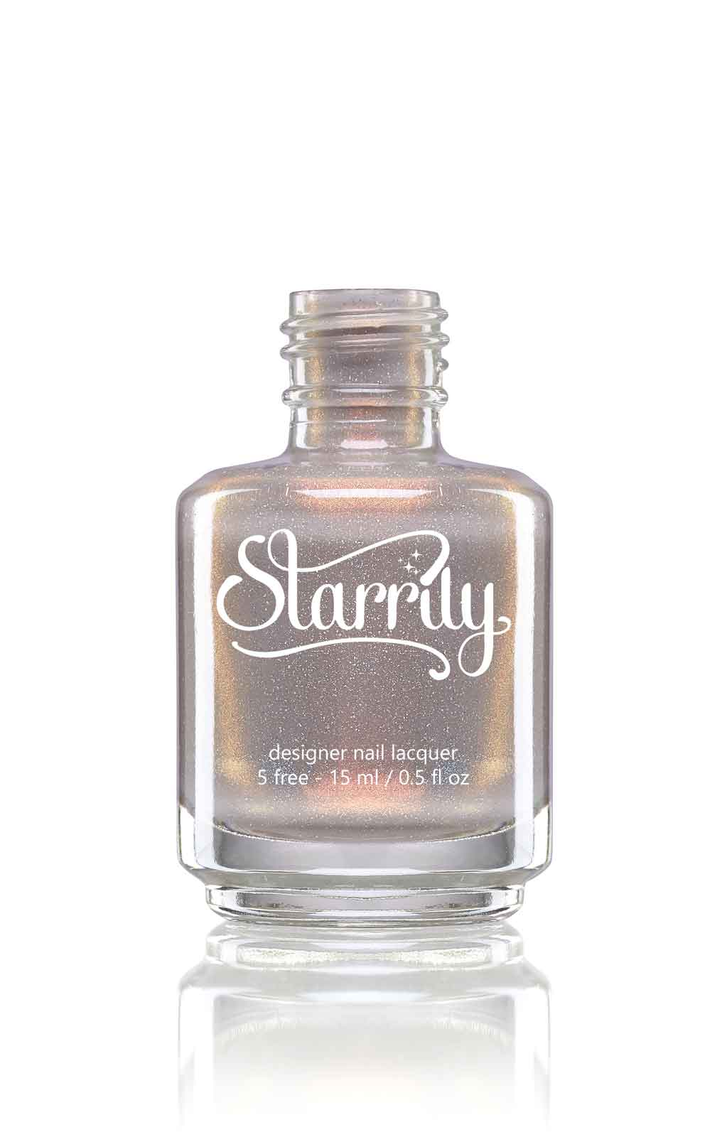Moon Glow by Starrily, grey creme with warm copper shimmer and subtle holographic micro flecks, bottle standalone product shot