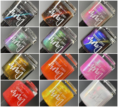 Chinese Zodiac Full Set by Dam Nail Polish, 12-shade collection with magnetic, reflective glitter, shimmer, and flakie finishes, in collection group shot