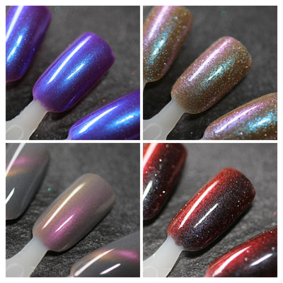 Halloween Quad Full Set by Dam Nail Polish, four-shade bundle with reflective glitter, holographic glitter, and multichrome shimmer, swatch stick
