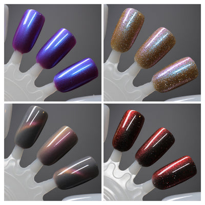 Halloween Quad Full Set by Dam Nail Polish, violet-to-blue, golden bronze holo, aurora mauve-grey, and deep red shades showing multichrome and reflective glitter, swatch stick