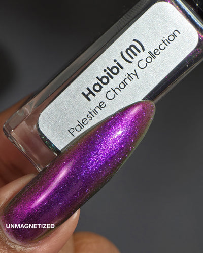 Habibi by Glitch Lacquer, dark magnetic swatch and bottle label on medium-deep skin tone