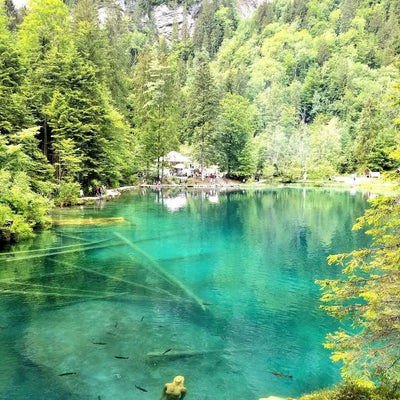 Blausee by Cadillacquer, teal green reflective glitter flakie crelly, in lifestyle setting inspired by the aqua-teal waters of Blausee lake, Switzerland