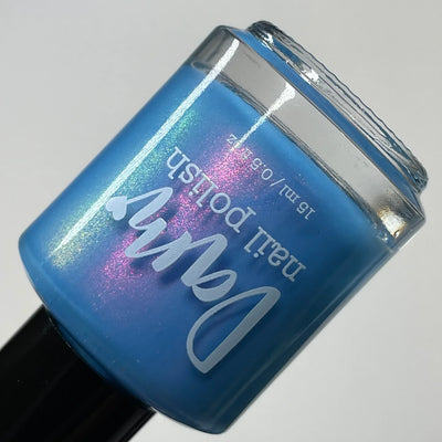 Pro Choice AF by Dam Nail Polish, cerulean blue base with pink-magenta and green multichrome shimmer shift, bottle standalone product shot
