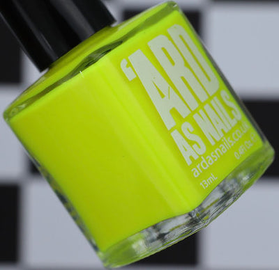 Lightning Speed by 'Ard As Nails, neon yellow-green creme showing vivid chartreuse tones, bottle standalone product shot