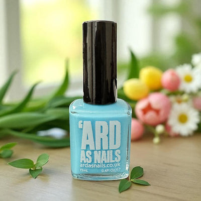 Sky Blue by 'Ard As Nails, soft sky blue creme with black cap, bottle standalone product shot
