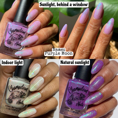 Purple Moon (UV Polish) by Chamaeleon Nails, four-panel photochromic comparison from creamy white indoor to soft lavender behind window to vivid purple in direct sunlight, with shifting green-turquoise flakies, on a medium skin tone hand