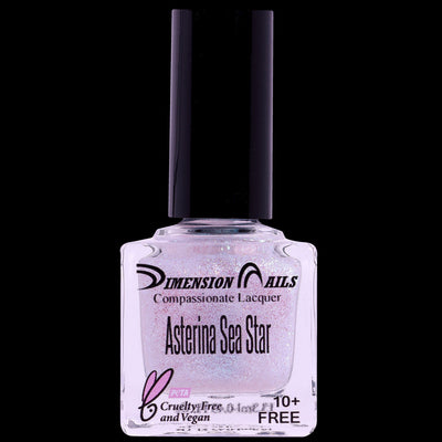 Asterina Sea Star (Topper) by Dimension Nails, green-silver iridescent shimmer topper showing sheer base densely packed with large green-to-silver shifting flakes, bottle standalone product shot