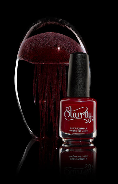 Bloodbelly Jelly by Starrily, deep burgundy red sheer jelly with subtle shimmer, bottle standalone product shot