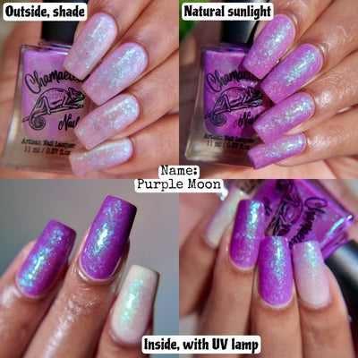 Purple Moon (UV Polish) by Chamaeleon Nails, four-panel UV comparison showing creamy pink-white resting state and full vibrant purple UV-activated state with teal-turquoise shifting flakies, on a light-medium skin tone hand