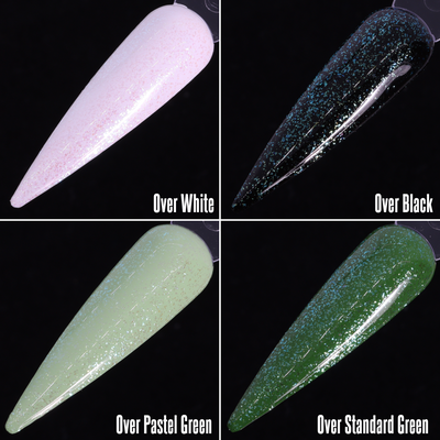 Asterina Sea Star (Topper) by Dimension Nails, large-particle iridescent shimmer topper with blue-green-to-silver shift over white, black, and green bases, layering demo