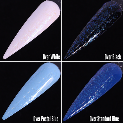 Sand Sifting Sea Star (Topper) by Dimension Nails, large particle blue iridescent flakies shown over white, black, pastel blue, and standard blue bases, layering demo