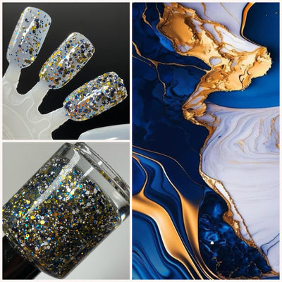 Kintsugi by Dam Nail Polish, black-blue glitter topper showing buildable coverage from sparse to dense with gold, navy, and white hex glitters in clear base, layering demo