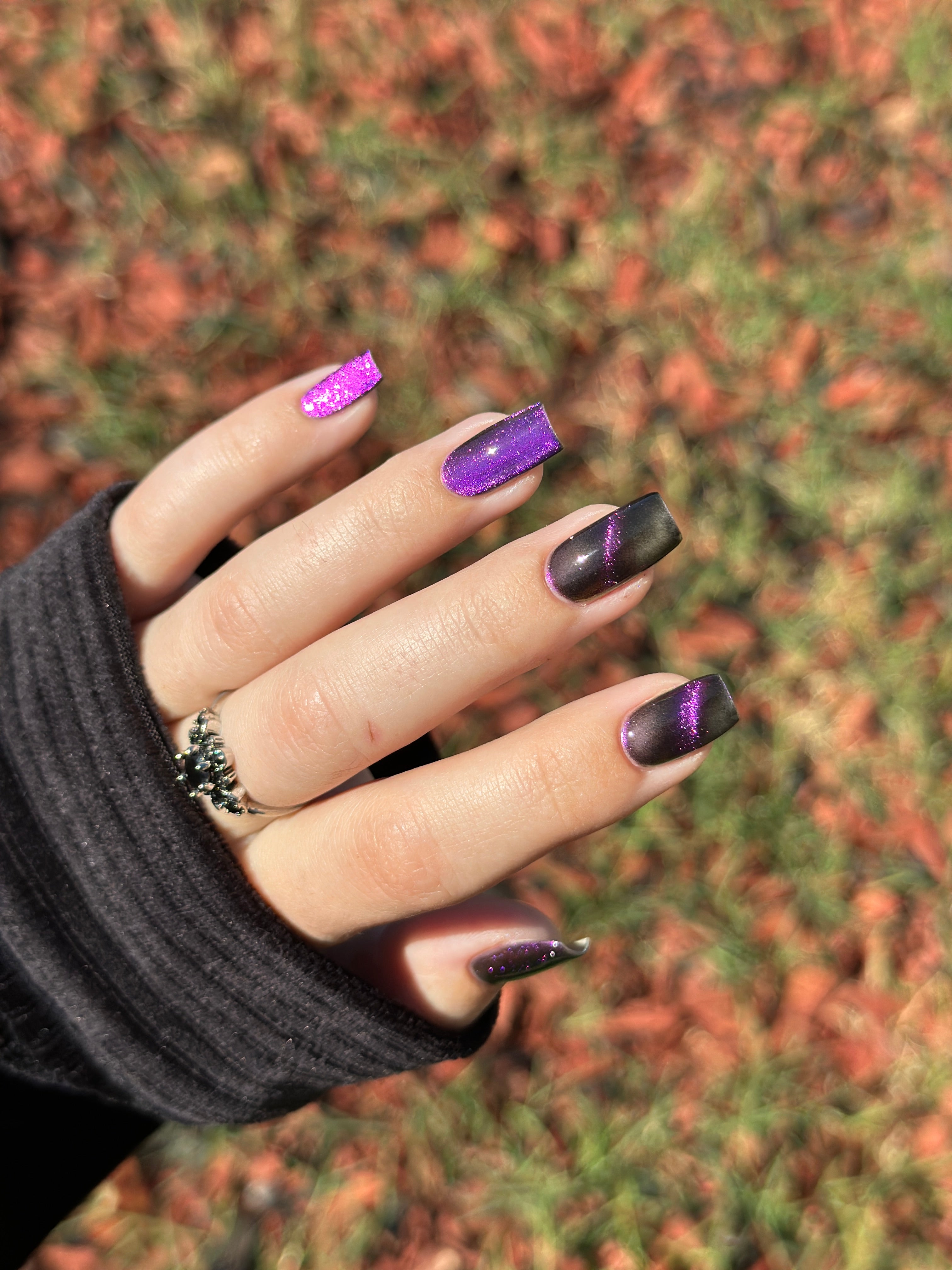 Habibi by Glitch Lacquer, dark purple-pink-gold magnetic swatch comparison on light skin tone