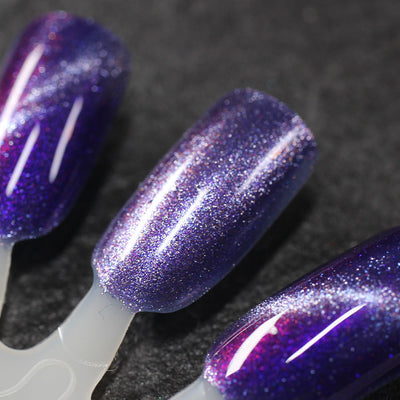 Grand Celebration by Dam Nail Polish, deep violet purple shimmer magnetic with linear cat-eye streak and silver-lavender holographic microflakes, swatch stick