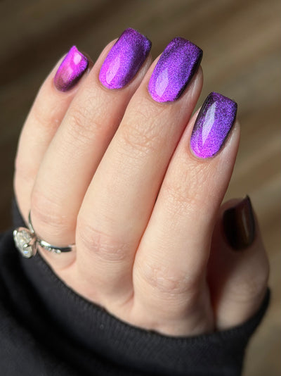 Habibi by Glitch Lacquer, dark magnetic swatch on light skin, square nails, warm indoor light