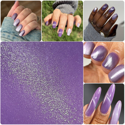 Liberation by Glitch Lacquer, lavender silver magnetic swatched across multiple skin tones