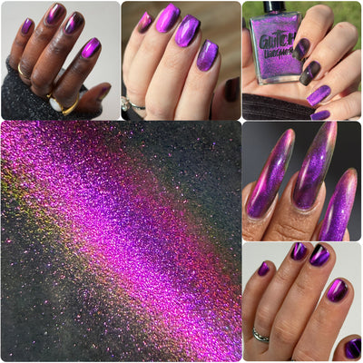 Habibi by Glitch Lacquer, dark purple-pink-gold magnetic swatched across multiple skin tones