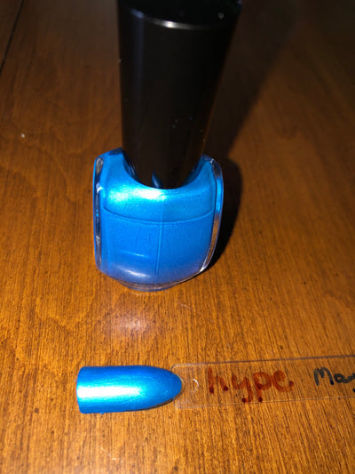 Hype by Prairie Crocus Polish, cerulean blue shimmer showing blue-to-teal duochrome shift, swatch stick
