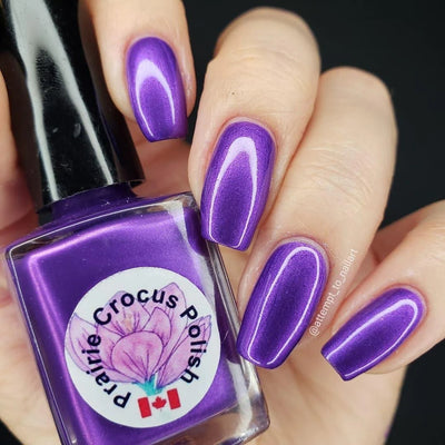 Baroness by Prairie Crocus Polish, vivid purple with metallic shimmer highlights, bottle held in a light skin tone hand