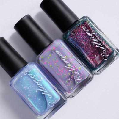 Cadillacquer Facebook Trio bundle, three nail polish bottles: Magical Creatures, Spotted Glass Frog and I Don't Belong To You