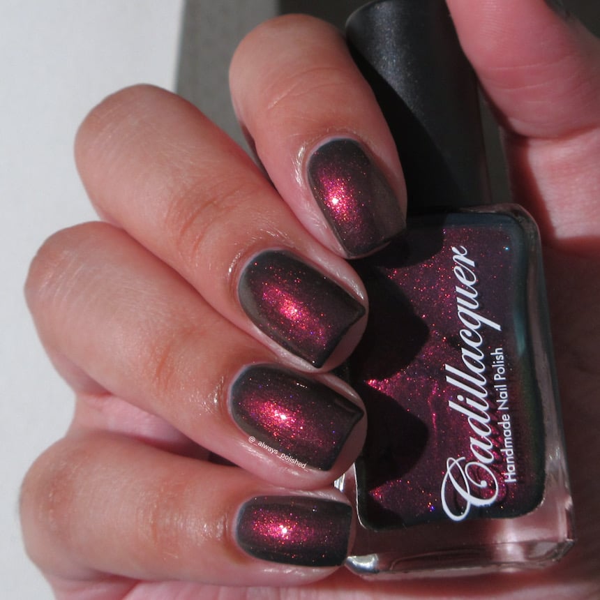 Shimmer Cadillacquer nail polish in Fear What You Will Become, swatched on eight squoval nails held alongside the bottle, showing a very dark blackened-plum base packed with vivid magenta-to-orange-red shimmer that shifts dramatically with angle, on light-medium skin, in bright daylight, swatched by @_always_polished_