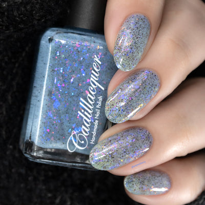 Cadillacquer Just Breathe pastel blue iridescent crelly nail polish, swatched on eight nails, light skin, studio lighting, by @serpentine13