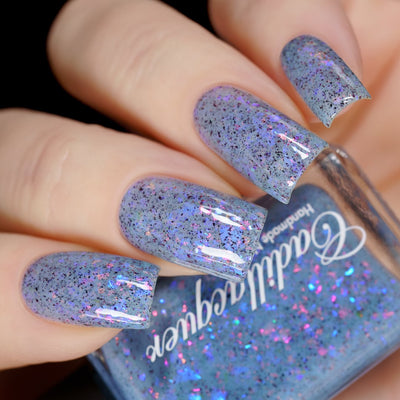 Cadillacquer Just Breathe pastel blue iridescent crelly nail polish, swatched on four nails, light skin, studio lighting, by @yyulia_m