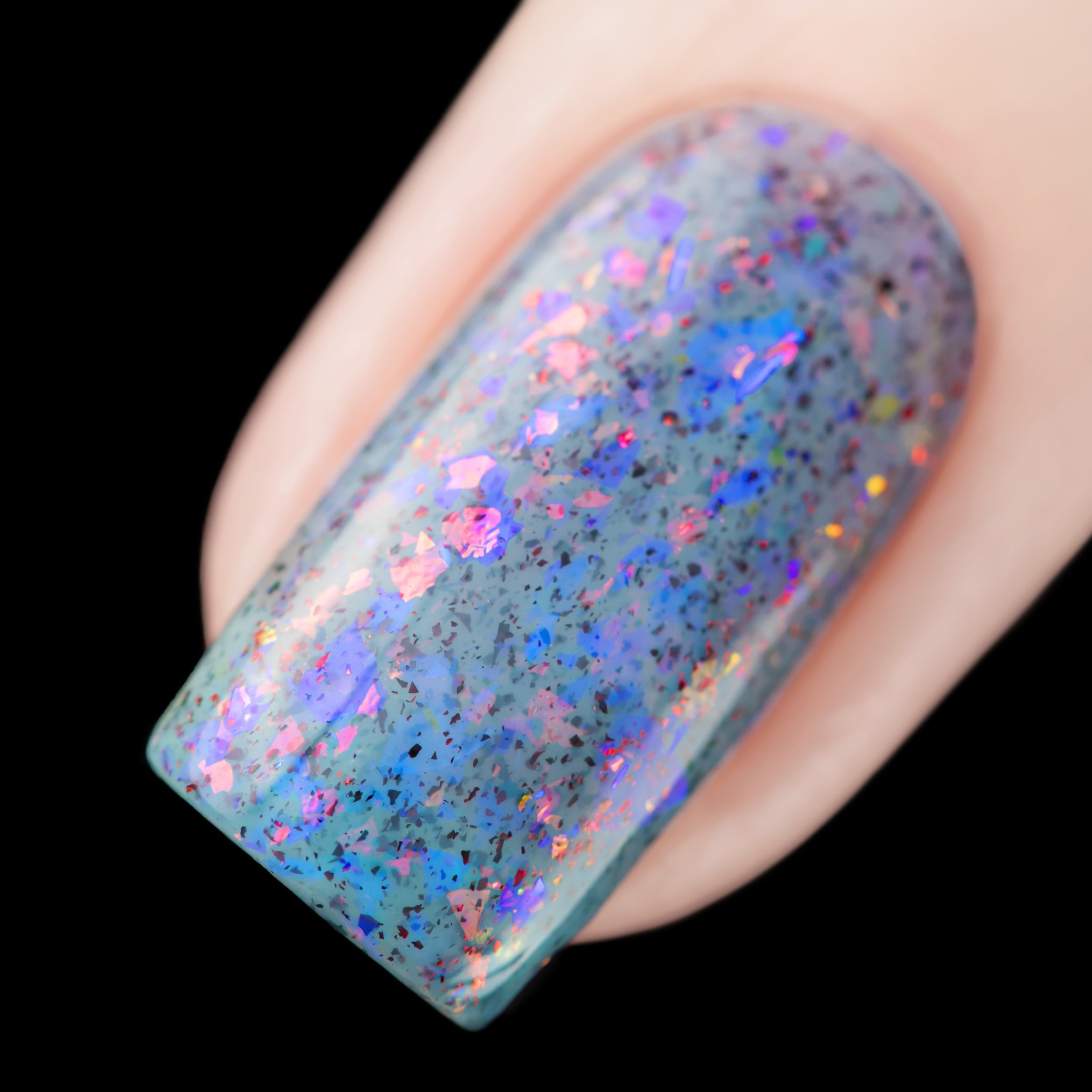 Cadillacquer Just Breathe pastel blue iridescent crelly nail polish, swatched on one nails, light skin, direct flash lighting, by @rafinails