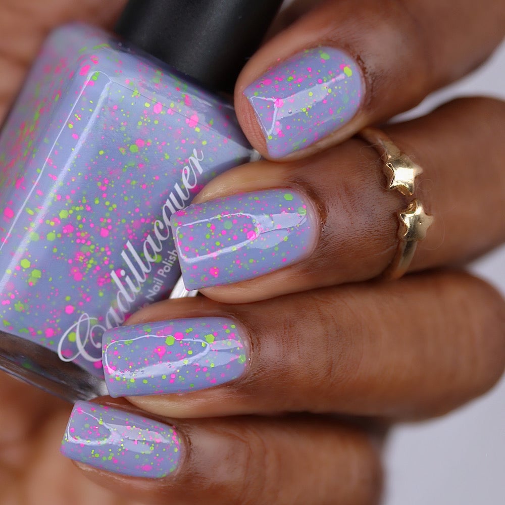 Cadillacquer Magical Creatures lilac glitter nail polish swatch with neon pink and green glitter