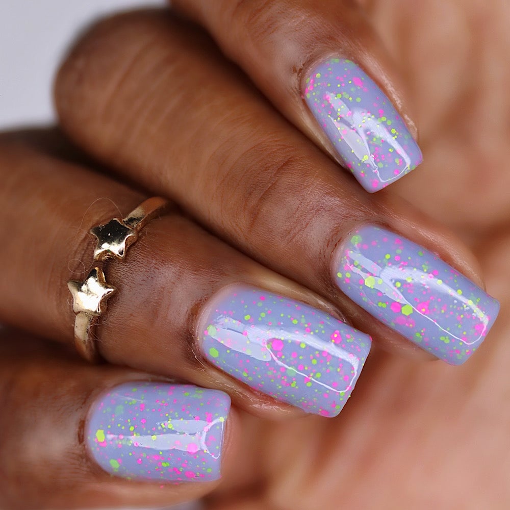 Cadillacquer Magical Creatures lilac crelly nail polish with neon pink glitter