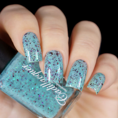 Cadillacquer Pastel Thoughts pastel teal purple chameleon iridescent crelly nail polish, swatched on four nails, light skin, studio lighting