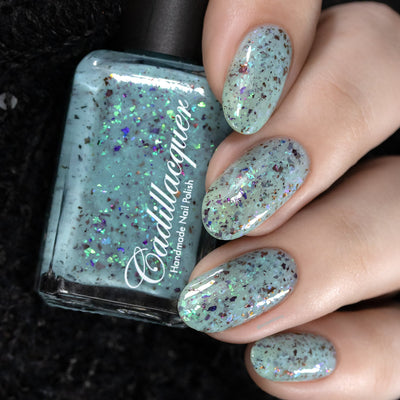 Cadillacquer Pastel Thoughts pastel teal purple chameleon iridescent crelly nail polish, swatched on eight nails, light skin, studio lighting