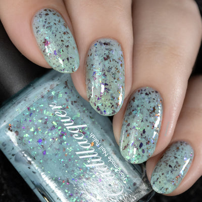 Cadillacquer Pastel Thoughts pastel teal purple chameleon iridescent crelly nail polish, swatched on eight nails, light skin, studio lighting