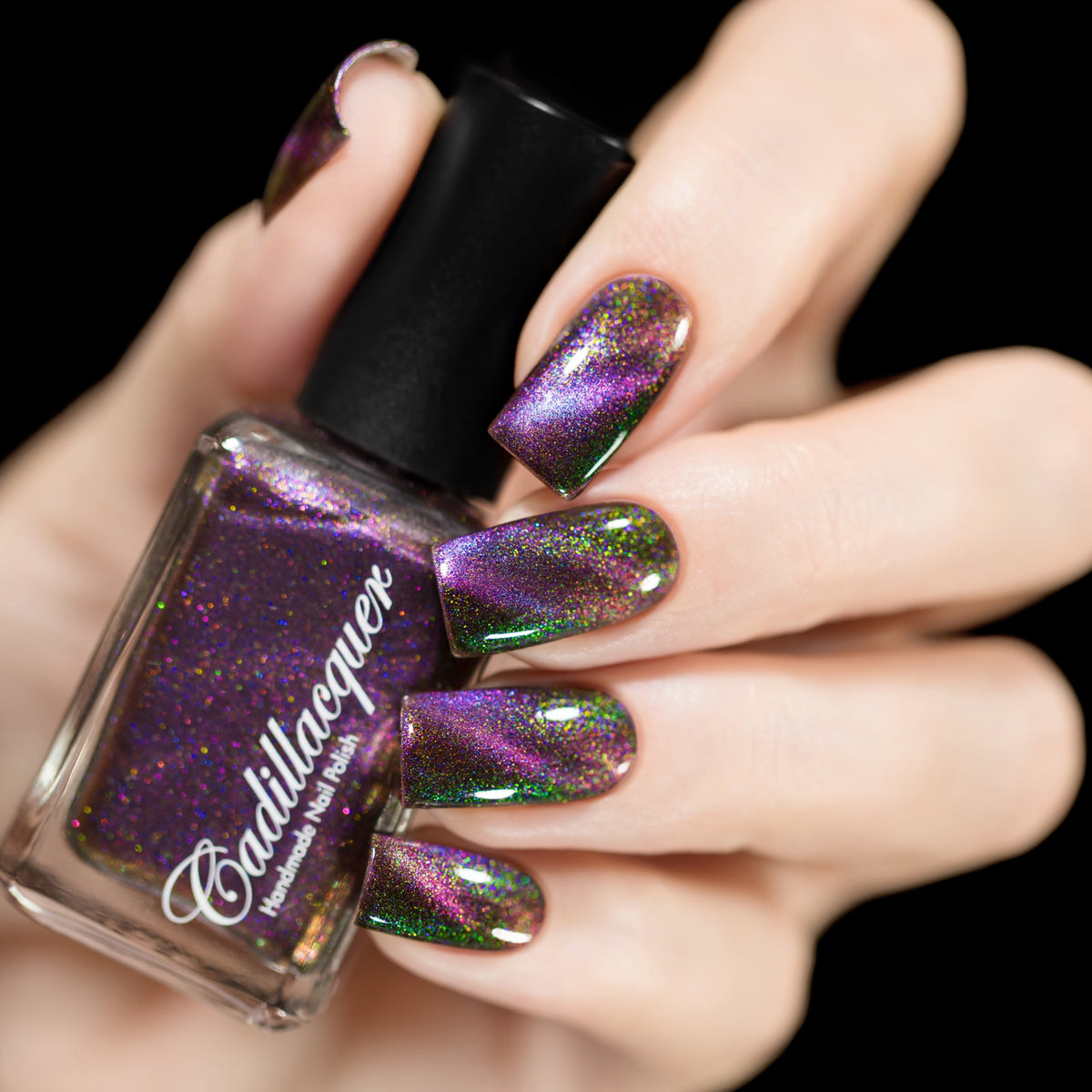 Cadillacquer Self Destruct nail polish swatch with yellow to green shimmer, swatched by @rafinails