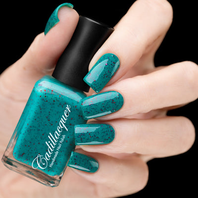Cadillacquer Siren teal glitter crelly nail polish swatched on nails, swatched by @rafinails