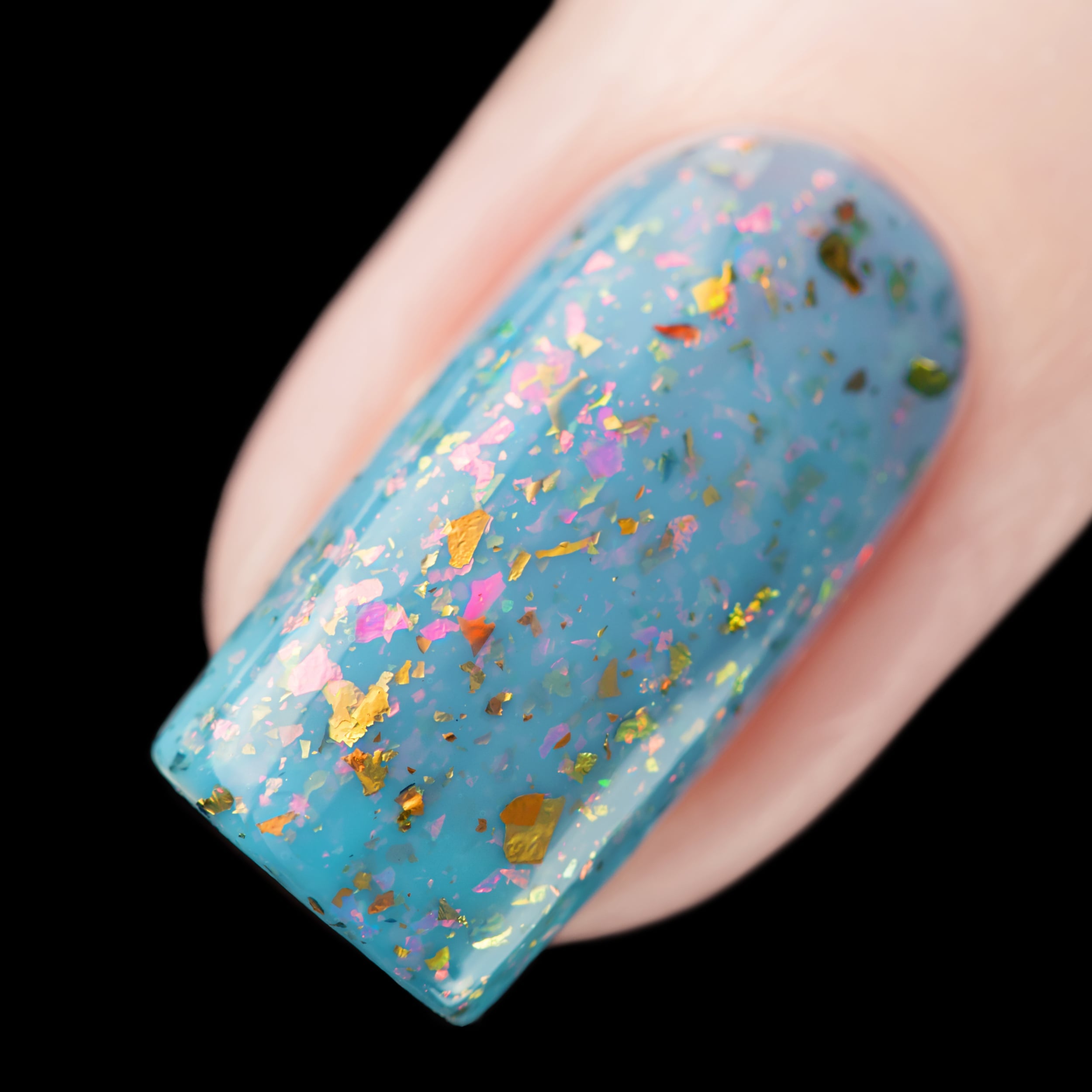 Cadillacquer Slow Mornings light blue gold chameleon iridescent crelly nail polish, swatched on one nails, light skin, studio lighting