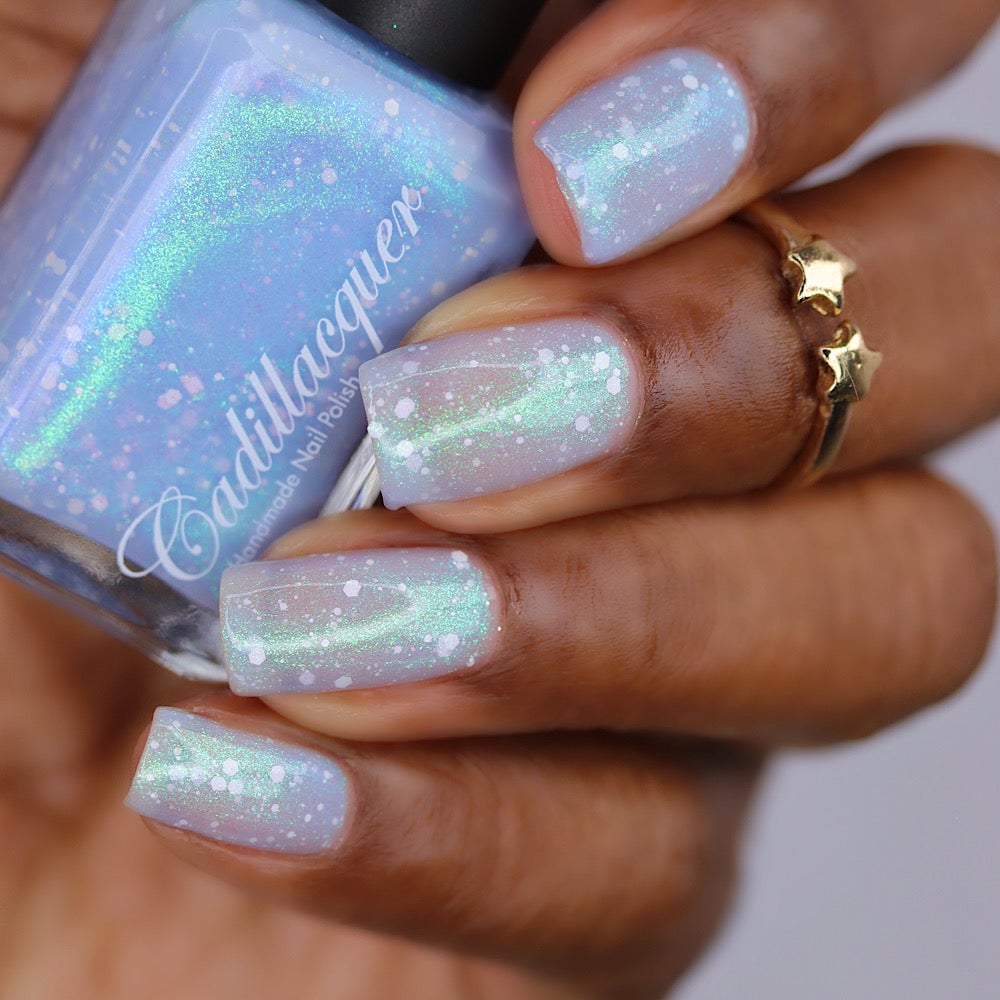 Cadillacquer Spotted Glass Frog pastel blue nail polish with shimmer shift