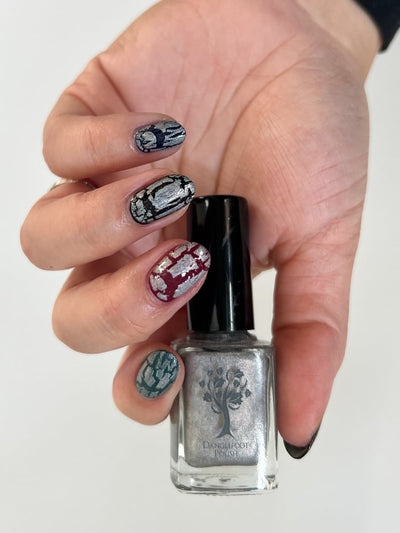 Castle of Glass (Crackle) by Danglefoot Nail Polish, silver holographic crackle topper layering demo