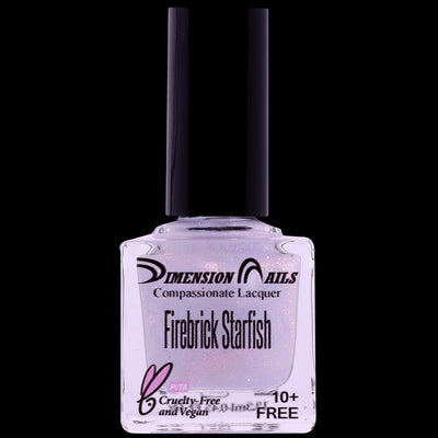 Firebrick Starfish (Topper) by Dimension Nails, sheer base densely packed with large red-to-pink iridescent flakes and orange accent shift, bottle standalone product shot
