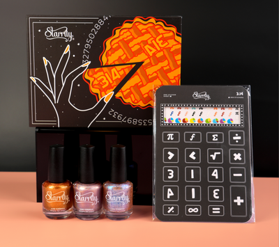 Pi Day Gift Set (Limited Edition) by Starrily, burnt copper, dusty mauve, and lavender multichrome flakies with holo shimmer, in collection group shot with pi-themed gift box