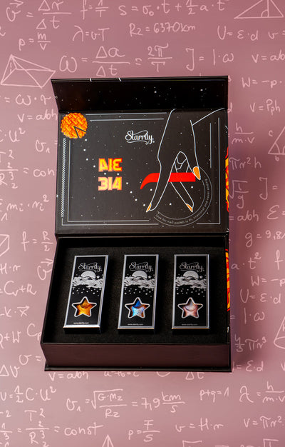 Pi Day Gift Set (Limited Edition) by Starrily, bronze-gold, amber, and deep blue shimmer flakies, in collection group shot with limited edition gift box packaging