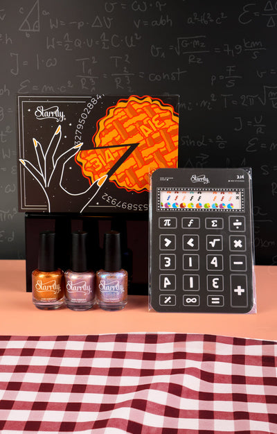 Pi Day Gift Set (Limited Edition) by Starrily, copper-bronze, dusty mauve, and lavender holographic flakie shimmers, in collection group shot with math-symbol nail sticker sheet